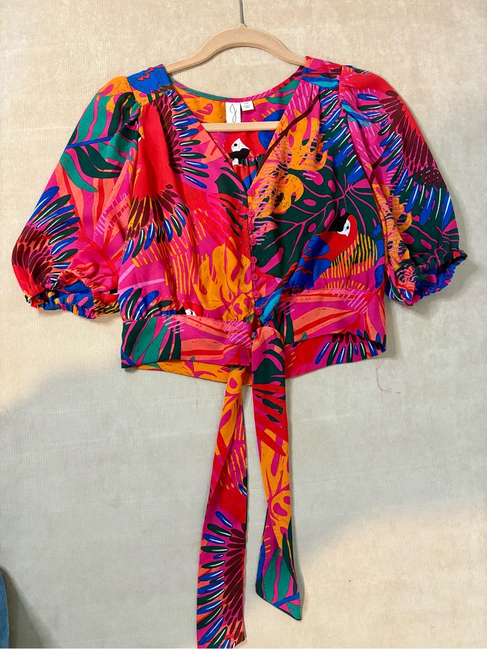 Joie Pink Multi Tropical Tie-Front Crop Top